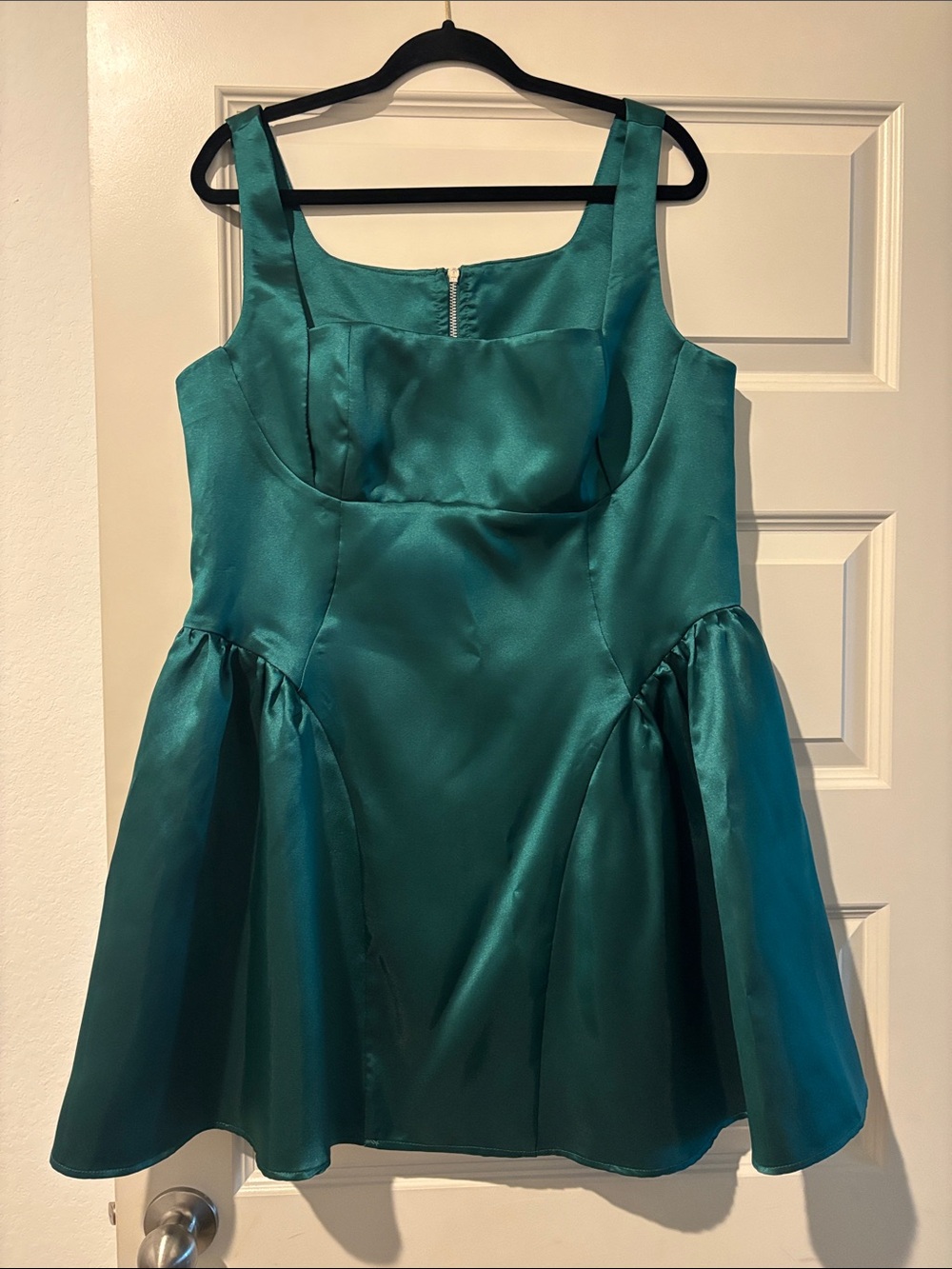 Teal Satin Mini Dress with Square Neckline